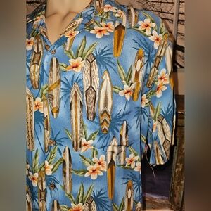 RJC Mens Button Up Shirt Hawaiian Surfboard Paradise Blue Large Hand Made USA XL